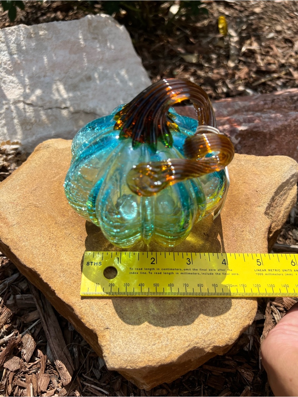 Pier 1 Handblown Glass Pumpkin Blue-Green with Amber Stem NWT - Picture 7 of 8